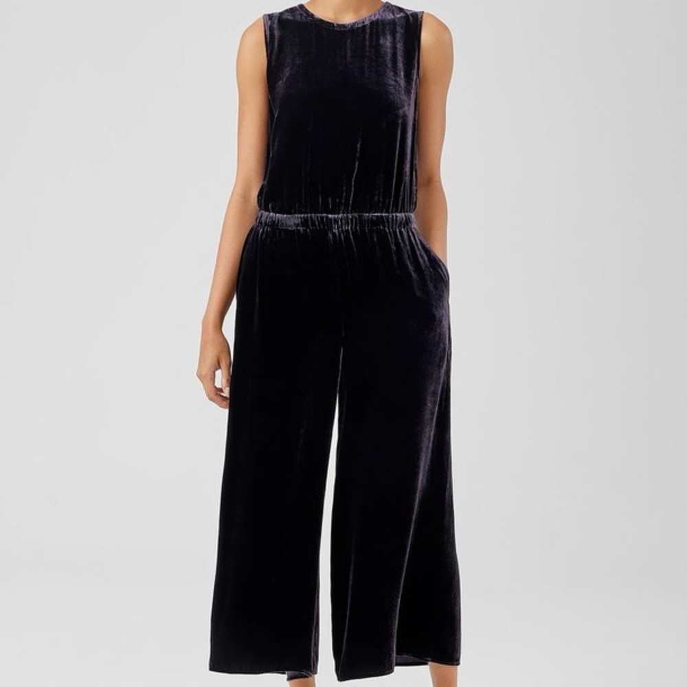 Eileen Fisher Black Silk Blend‎ Velvet Wide-Leg Cropped Jumpsuit Size 1X